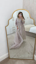 Load image into Gallery viewer, Light lilac / grey organza suit with embellishment and embroidery with duppata and trouser. Asian party wear suit.