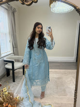 Load image into Gallery viewer, Ice blue Organza embellished suit with stonework. Organza duppata and silk trouser.