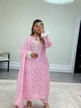 Load image into Gallery viewer, Lace net pearl embellished suit with trouser with chiffon duppata.