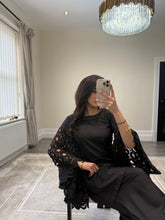 Load image into Gallery viewer, Crochet sleeve shirt with farshi shalwar and silk duppata with pearl finishing throughout