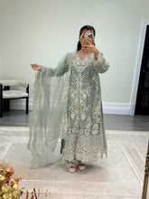 Load image into Gallery viewer, Light lilac / grey organza suit with embellishment and embroidery with duppata and trouser. Asian party wear suit.