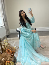 Load image into Gallery viewer, Cutdana grey/blue suit with embroidered cotton net duppata and trouser. Party wear. Eid collection.