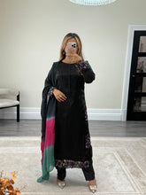 Load image into Gallery viewer, Black silk suit with embroidered sequin work and silk tye dye duppata and silk trouser