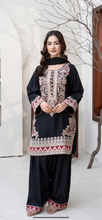 Load image into Gallery viewer, Black and Red Dhanak winter collection short shirt with button detailing with farshi shalwar and embroidered chiffon duppata (Copy)