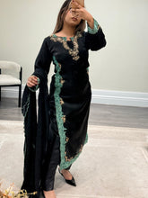 Load image into Gallery viewer, Organza Green and black hand embroidered 3 piece suit with chiffon duppata and trouser