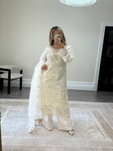 Load image into Gallery viewer, White baroque inspired organza suit with embellishment and embroidery with organza duppata and trouser. Asian party wear suit.