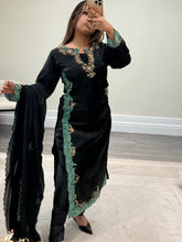 Load image into Gallery viewer, Organza Green and black hand embroidered 3 piece suit with chiffon duppata and trouser
