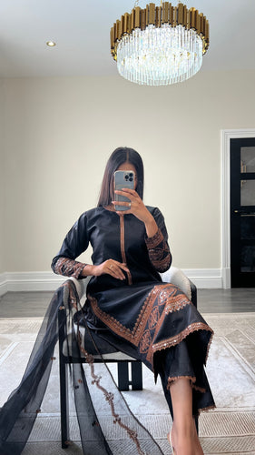 Black lawn embroidered lawn suit with cotton net duppata