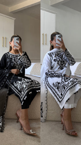 Maria B inspired embroidered lawn suit white on black with chiffon duppata