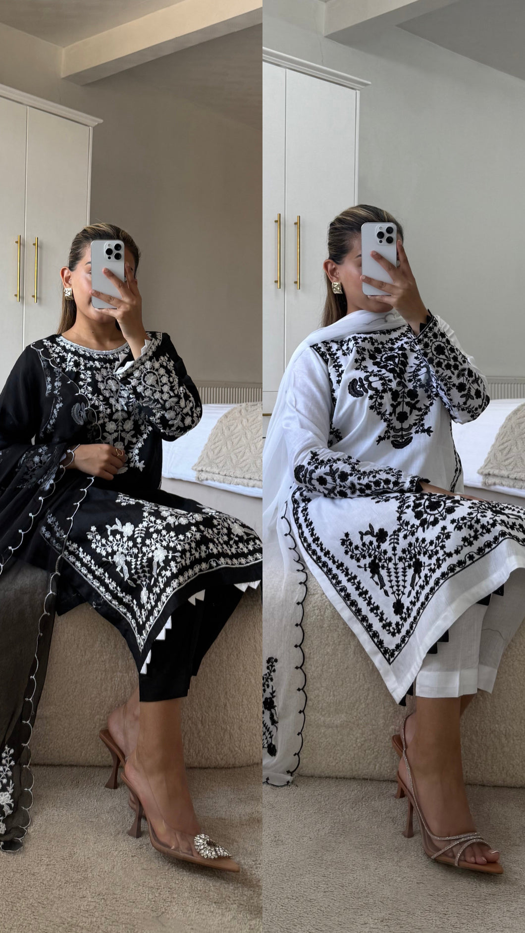 Maria B inspired embroidered lawn suit white on black with chiffon duppata