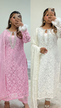 Load image into Gallery viewer, Lace net pearl embellished suit with trouser with chiffon duppata.