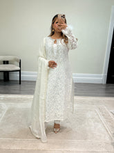 Load image into Gallery viewer, Lace net pearl embellished suit with trouser with chiffon duppata.