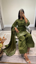 Load image into Gallery viewer, Vanya inspired silk embroidered suit with sequin embroidery and embellishments. Chiffon duppata. Eid and party wear.