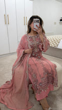 Load image into Gallery viewer, Light Pink Maria b inspired chiffon suit with embellishment and embroidery with chiffon duppata and trouser. Asian party wear suit.