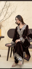 Load image into Gallery viewer, Design 2 Morrored Velvet Embroidered on trend kaftan with trouser and dupatta