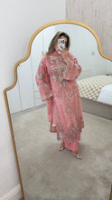 Load image into Gallery viewer, Light Pink Maria b inspired chiffon suit with embellishment and embroidery with chiffon duppata and trouser. Asian party wear suit.