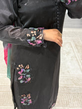 Load image into Gallery viewer, Black silk suit with embroidered sequin work and silk tye dye duppata and silk trouser