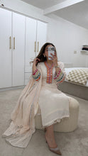 Load image into Gallery viewer, Cotton silk handwork suit in  off white with colourful embroidery and silk duppata