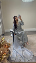 Load image into Gallery viewer, Cutdana grey/blue suit with embroidered cotton net duppata and trouser. Party wear. Eid collection.