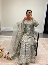 Load image into Gallery viewer, Light lilac / grey organza suit with embellishment and embroidery with duppata and trouser. Asian party wear suit.