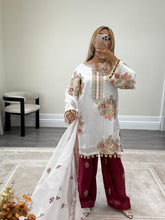 Load image into Gallery viewer, Ethnic inspired silk suit with full sequin embroidery. Wide leg trouser. Khadi net duppata. Fully embroidered party wear Asian suit.