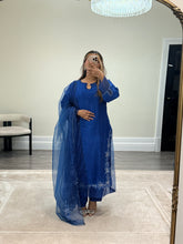 Load image into Gallery viewer, Korean raw silk suit with emrboidery and lace details. Organza duppata. Party wear. Eid collection.
