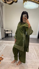 Load image into Gallery viewer, Vanya inspired silk embroidered suit with sequin embroidery and embellishments. Chiffon duppata. Eid and party wear.