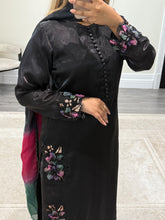 Load image into Gallery viewer, Black silk suit with embroidered sequin work and silk tye dye duppata and silk trouser