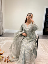 Load image into Gallery viewer, Light lilac / grey organza suit with embellishment and embroidery with duppata and trouser. Asian party wear suit.