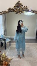 Load image into Gallery viewer, Ice blue Organza embellished suit with stonework. Organza duppata and silk trouser.