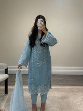 Load image into Gallery viewer, Ice blue Organza embellished suit with stonework. Organza duppata and silk trouser.