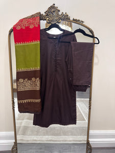 Dhanak 3 piece suit with shawl duppata Brown