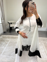 Load image into Gallery viewer, black and white embroidered raw silk suit with silk plazzo and chiffon duppata party wear suit