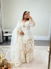 Load image into Gallery viewer, Elegant white beauty diamonte 3 piece suit with organza duppata and sharara