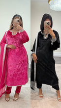 Load image into Gallery viewer, Black/pink velvet embroidered suit with velvet trouser and chiffon duppata