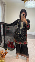 Load image into Gallery viewer, Black/ white chiffon embroidered suit with sequin embroidery and embellishments. Chiffon duppata. Eid and party wear.