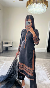 Black lawn embroidered lawn suit with cotton net duppata