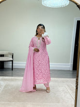 Load image into Gallery viewer, Lace net pearl embellished suit with trouser with chiffon duppata.