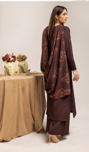 Dhanak embroidered shawl 3 piece suit Brown