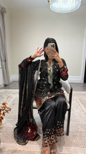 Load image into Gallery viewer, Black/ white chiffon embroidered suit with sequin embroidery and embellishments. Chiffon duppata. Eid and party wear.