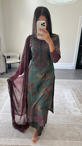 Maria B inspired embroidered lawn suit green and plum