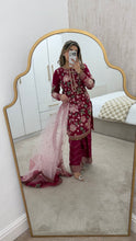 Load image into Gallery viewer, Jazmin inspired chiffon embroidered suit with chiffon duppata and wide leg embroidered trouser