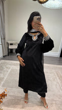 Load image into Gallery viewer, Black/pink velvet embroidered suit with velvet trouser and chiffon duppata