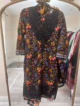 Load image into Gallery viewer, Maria B inspired embroidered lawn suit black floral with chiffon duppata