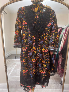 Maria B inspired embroidered lawn suit black floral with chiffon duppata