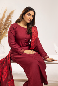 Dhanak embroidered shawl 3 piece suit Red