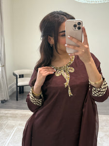 brown hand embroidered raw silk suit with farshi shalwar and chiffon duppta party wear suit