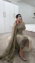 Load image into Gallery viewer, Sparkle Golden chiffon suit with embroidered chiffon duppata and trouser. Party wear. Eid collection.