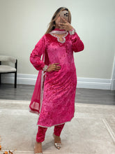 Load image into Gallery viewer, Black/pink velvet embroidered suit with velvet trouser and chiffon duppata