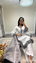 Load image into Gallery viewer, Raw silk black and white hand embroidered 3 piece suit with organza duppata